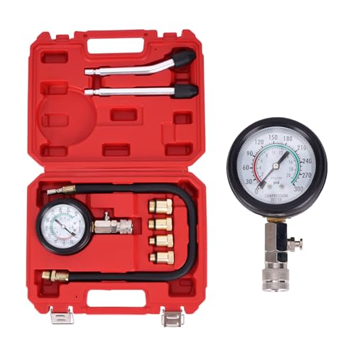 MOCA 8 PCS Compression Tester Kit Petrol Gas Engine Cylinder Pressure Gauge of 0-300 Psi, with Portable Storage Case, Automotive Tool for Motorcycle Car Truck, M10 M12 M14 M18(Red) - color: Red