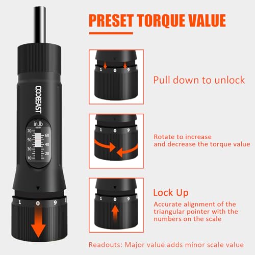 coobeast 13Pcs Preset 1/4” Drive Torque Screwdriver with S2 Bits | Torque Wrench Screwdriver Set for Maintenance, Tools, Bike Repairing and Mounting, Inch Pound Torque Range 10-70 In-lb - size: 13 PCS