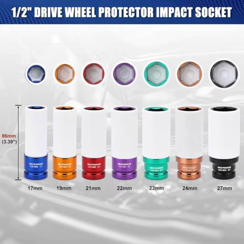 1/2" Drive Wheel Protector Impact Socket, 7pcs Thin Wall Deep Impact Socket Set, Durable Plastic Sleeve Lug Nut Socket, 6 Point, Metric, Color-Coded, 17mm, 19mm, 21mm, 22mm, 23mm, 24mm,27mm - size: 17 mm, 19 mm, 21 mm, 22 mm, 23 mm, 24 mm, 27 mm