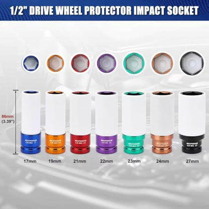 1/2" Drive Wheel Protector Impact Socket, 7pcs Thin Wall Deep Impact Socket Set, Durable Plastic Sleeve Lug Nut Socket, 6 Point, Metric, Color-Coded, 17mm, 19mm, 21mm, 22mm, 23mm, 24mm,27mm - size: 17 mm, 19 mm, 21 mm, 22 mm, 23 mm, 24 mm, 27 mm