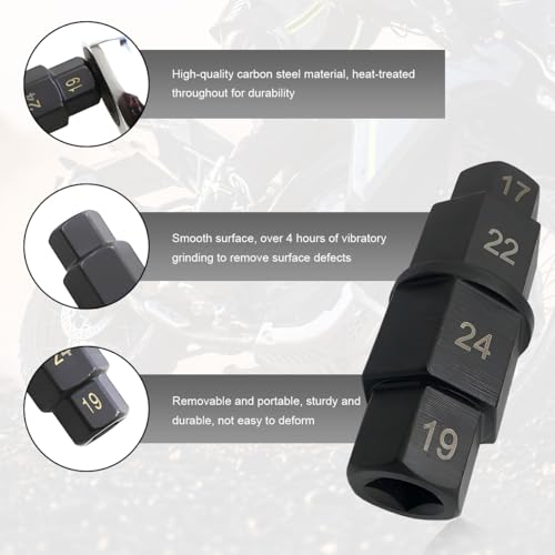 Hex Axle Tool for Motorcycle, 17 19 22 24mm Front Axle Wheel Hex Axle Spindle Socket Adapter, Wheel Hub Removal Driver Tool with 3/8 Inch Socket for Most Motorcycles