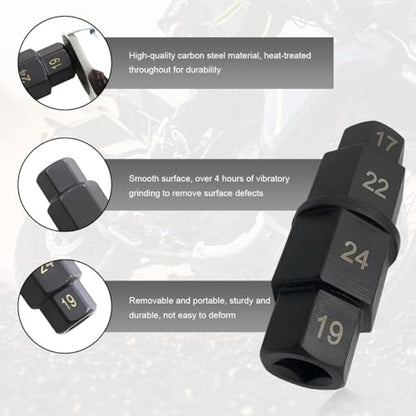 Hex Axle Tool for Motorcycle, 17 19 22 24mm Front Axle Wheel Hex Axle Spindle Socket Adapter, Wheel Hub Removal Driver Tool with 3/8 Inch Socket for Most Motorcycles