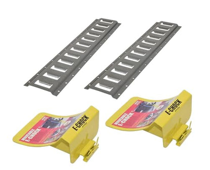 E-Chock Wheel Chocks with 5-Foot Metal Mounting Tracks, Yellow and Gray, Set of 2. Including 3" Rigid Hitch Logo Decal (E-09162-BUNDLE)