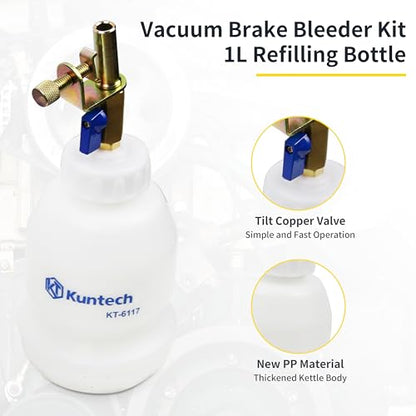 Kuntech Vacuum Brake Bleeder Kit with 2L Brake Fluid Extractor and 1L Refilling Bottle, One Person Pneumatic Vacuum Bleeder Tools, Air Pressure Brake Bleeder Tools for Auto Car Truck