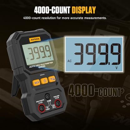 AUTOOL DM202 Mini Digital Multimeter, Auto-Ranging 4000 Counts True RMS NCV Non-Contact Voltage Tester, 600V AC/DC Voltmeter with Backlight, Automotive Electrical Diagnostic Tool