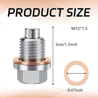 M12 x 1.5 Magnetic Oil Drain Pan Plug, Oil Pan Drain Plug Nut Bolt with 5 PCS Copper Crush Washer Gasket, Universal Engine Stainless Steel Oils Change Kit Leak-Proof Replacement for Most Vehicle - size: M12 x 1.5