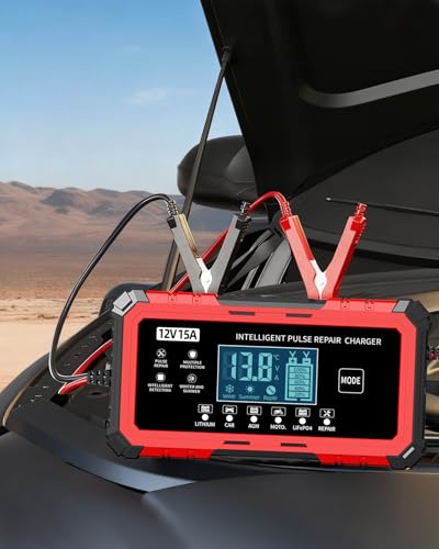12V 15A Car Battery Charger - Smart Automatic Trickle Charger Battery Maintainer for Car Battery with Pulse Repair & LCD Display, Compatible with Lithium/CAR/AGM/Moto/LiFePO4 Batteries - color: Red