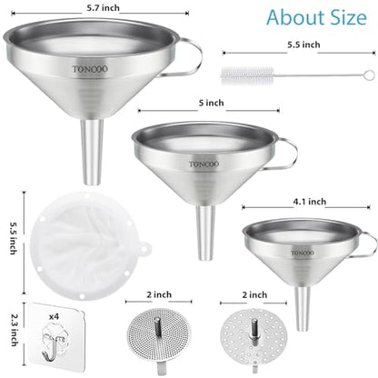 Toncoo 3 Pack Stainless Steel Funnels for Kitchen Use, Food Grade Cooking Funnel with 3 Strainer, Kitchen Funnel Set Metal Funnels for Filling Bottles