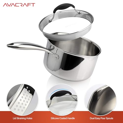 AVACRAFT Tri-Ply Stainless Steel Saucepan with Glass Strainer Lid, Two Side Spouts, Multipurpose Sauce Pan with Lid, Sauce Pot, Cooking Pot (Tri-Ply Full Body, 3.5 Quart) - size: 3.5 Quarts