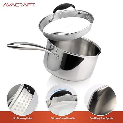 AVACRAFT Tri-Ply Stainless Steel Saucepan with Glass Strainer Lid, Two Side Spouts, Multipurpose Sauce Pan with Lid, Sauce Pot, Cooking Pot (Tri-Ply Full Body, 3.5 Quart) - size: 3.5 Quarts
