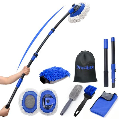 15°Curved Car Wash Brush with Long Handle Kit, 55-Inch 4-Section Extendable Pole with Replacement Head, Chenille Mitt, Tire & Wheel Hub Brushes, Towel, Storage Bag for Car, RV, Truck [Scratch Free]
