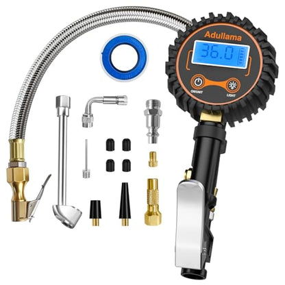 Digital Tire Pressure Gauge with Inflator, 250 PSI Heavy Duty Air Chuck Air Compressor Attachments, Improved Leaks Protection & Stainless Braided Hose Tire Gauge, 0.1 Display Resolution - color: Standard