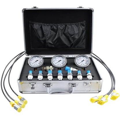 Hydraulic Pressure Test Kit with 3 Gauges 25/40/60 Mpa, 9 Couplings, 3 Test Hoses, Hydraulic Gauge Tester Set for Excavator Construction Machinery - size: Silver 3 gaugs 9 couplings