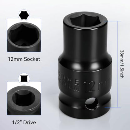 2PCS 12mm Impact Socket 1/2" Drive, 6 Point Metric Shallow Socket, CR-V Steel Heavy Duty Impact Wrench Socket for Automotive Repair - size: 12mm