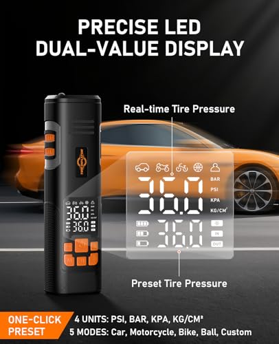 150PSI Tire Inflator Portable Air Compressor, Cordless Bike Pump | Fast Inflation, Digital Pressure Gauge, LED Light, Auto Shutoff, One-Click Start, for Car, Motorcycle, Bicycle, Ball