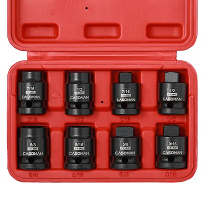CASOMAN 8PCS 1/2-Inch Drive Pipe Plug Socket Set, Cr-Mo, SAE, Male/Female Set, 7/16", 1/2", 5/8", 9/16", Tapered Male Square Drive, Chamfered Female Square Drive - size: 1/2"Dr.