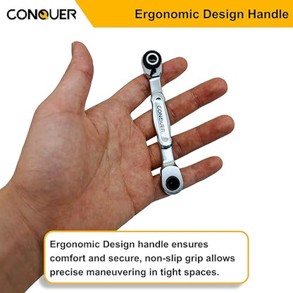 CONQUER 1/4" Mini Ratchet Wrench Low Profile Dual Head | Socket/Bit Driver, 72-Tooth, 5° Swing Arc, Ultra-Low Back Drag, Quick-Release Button; For Tight Engine Bays & EDC Kits - style: Dual Ratchet Socket