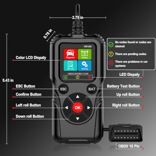 2-in-1 OBD2 Scanner Diagnostic Tool & Battery Tester for 12V Cars | Read & Clear Check Engine Code, Live Data Stream, Battery Voltage Test, Voltage Curve Monitor, Battery Health Check