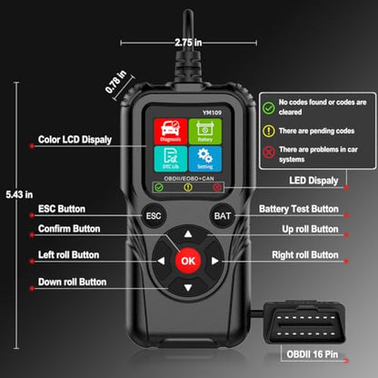 2-in-1 OBD2 Scanner Diagnostic Tool & Battery Tester for 12V Cars | Read & Clear Check Engine Code, Live Data Stream, Battery Voltage Test, Voltage Curve Monitor, Battery Health Check