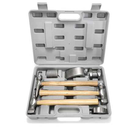 Hiceeden 7 Pcs Heavy Duty Auto Body Repair Kit with Wooden Handles, Auto Body Repair Tools with Hammer Heads and Dolly, Dent Removal Tools Set with Portable Storage Case for Auto Car