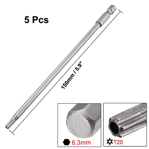uxcell 5 Pcs T20 Magnetic Torx Screwdriver Bits, 1/4 Inch Hex Shank 5.9-inch Length S2 Security Tamper Proof Screw Driver Kit Tools - size: T20