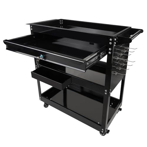 BHB 3 Tier Rolling Tool Cart Box On Wheels with Lockable Drawer, Heavy Duty Capability Tool Cart for Mechanics, Large Storage Organizer Utility Cart, for Garage Warehouse Repair Shop, 350 Lbs Load - style: With Drawer