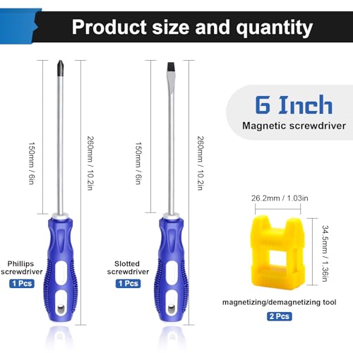 2-Pack 6 Inch Slotted & Phillips Screwdriver Set, Long Phillips and Flat Head Magnetic Screwdriver with Rubber Handle - size: 6 Inch