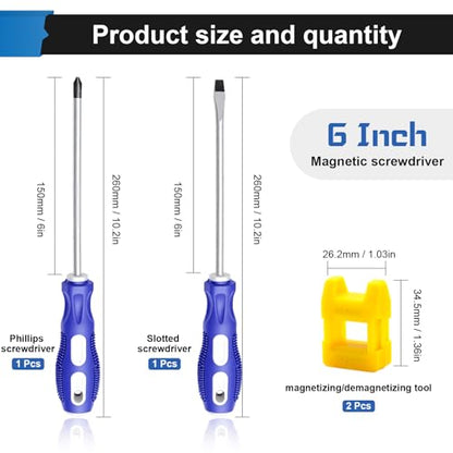 2-Pack 6 Inch Slotted & Phillips Screwdriver Set, Long Phillips and Flat Head Magnetic Screwdriver with Rubber Handle - size: 6 Inch