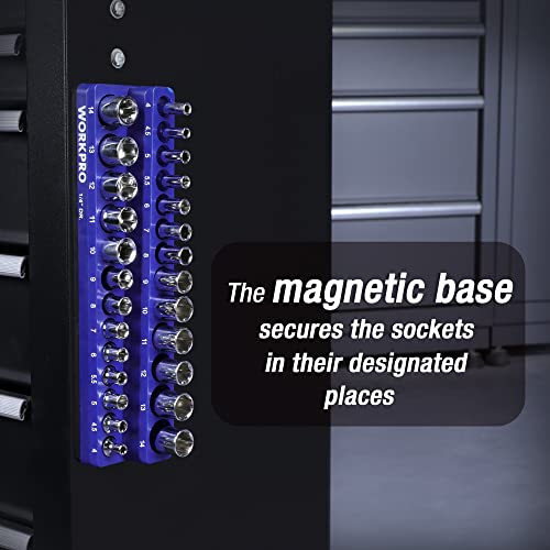 WORKPRO Magnetic Socket Organizer, 1/4-Inch Metric Socket Holder | Hold 26-Piece Sockets, Suitable for Standard and Deep Sockets, Magnetic Base, No Scratches Installation, Socket Not Included - size: 1/4" DR - Metric