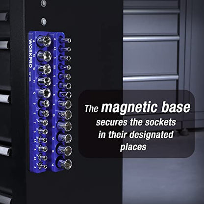 WORKPRO Magnetic Socket Organizer, 1/4-Inch Metric Socket Holder | Hold 26-Piece Sockets, Suitable for Standard and Deep Sockets, Magnetic Base, No Scratches Installation, Socket Not Included - size: 1/4" DR - Metric