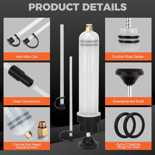 HORUSDY 200cc Fluid Extractor Syringe Oil Pump, Fluid Evacuator with 23" Flexible Hose, 12" Fine & Coarse Hoses, for Automotive, Motorcycle, Marine & Equipment Maintenance (9PCS) - size: 200ML with Hose