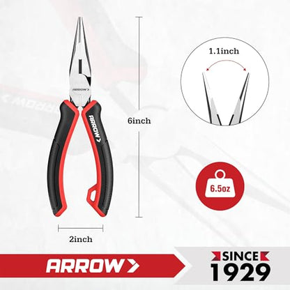 ARROW Needle Nose Pliers, 6-inch Long Nose Cutting Pliers with Wire Cutter, Comfortable TPR Handle, High Carbon Steel, High Leverage Diagonal Design - size: 6 Inch