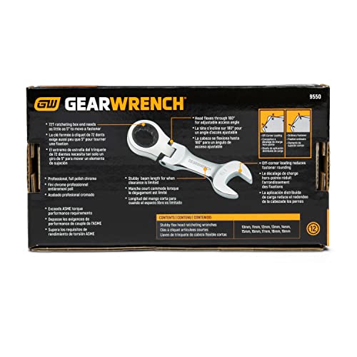 GEARWRENCH 10 Pc. 12 Pt. Stubby Flex Head Ratcheting Combination Wrench Set, Metric - 9550