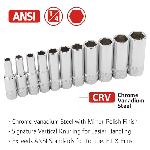 Ingersoll Rand 11 Piece 1/4-Inch Drive Metric Deep Socket Set, 6-Point, Size:5–14mm, Chrome Vanadium Steel, Mirror-Polish Finish, with Thermoform Organizer Tray – 752045X - size: 1/4 in. Drive Deep Socket Set, style: Metric
