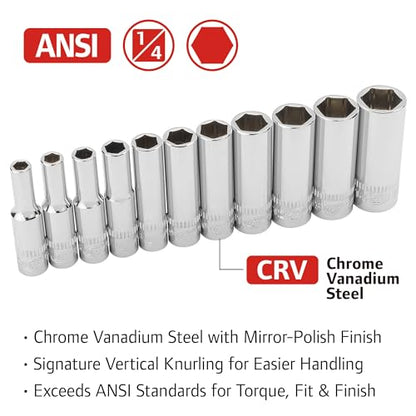 Ingersoll Rand 11 Piece 1/4-Inch Drive Metric Deep Socket Set, 6-Point, Size:5–14mm, Chrome Vanadium Steel, Mirror-Polish Finish, with Thermoform Organizer Tray – 752045X - size: 1/4 in. Drive Deep Socket Set, style: Metric