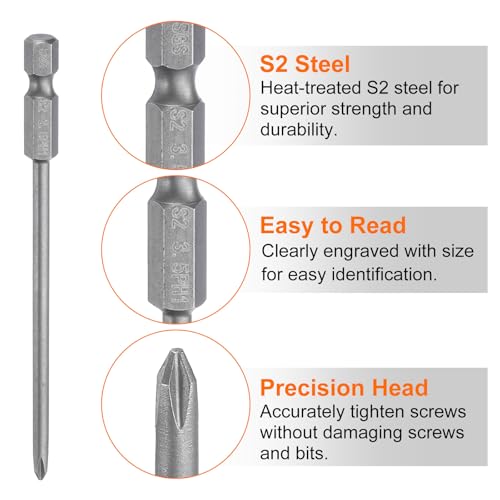HARFINGTON 5pcs #1 Phillips Screwdriver Bit PH1 1/4" Hex Shank 4" (100mm) Long Magnetic S2 Steel Industrial Grade Screw Driver Bit Cross Head Electric Drill Bits 0.138" (3.5mm) Rod - size: PH1 x 100mm x 3.5mm