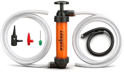 HORUSDY Multi-Use Siphon Transfer Pump Kit Hand Fuel Pumps for Gas Oil Water with Air Hose, Portable Manual Fuel Transfer Pump for Boat, Car, RV, Emergency, Lawn Mower Fluid Drainage - style: Orange(New model)