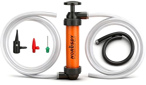 HORUSDY Multi-Use Siphon Transfer Pump Kit Hand Fuel Pumps for Gas Oil Water with Air Hose, Portable Manual Fuel Transfer Pump for Boat, Car, RV, Emergency, Lawn Mower Fluid Drainage - style: Orange(New model)