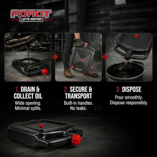 Low Profile Oil Drain Pan, 4 Quart Splash-Free Oil Change Container with Drain Spout & Screw Caps for Motorcycles, ATVs, Lawn Mowers and Small Engine Equipment
