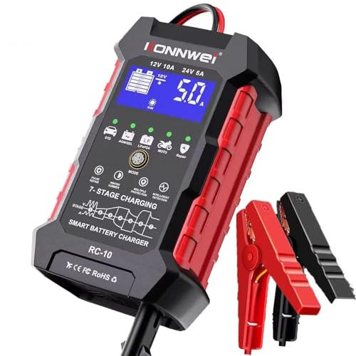KONNWEI RC-10 Car Battery Tester 12V/24V – 7-Stage Automatic Charger and Pulse Repair Tool, Fast Charging, Trickle Mode, Overheat & Reverse Protection,Fast Charging for Car,Truck,Motorcycle,Marine