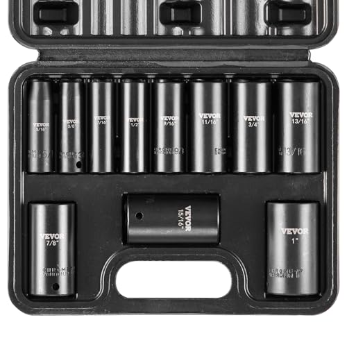 VEVOR 3/8" Drive Impact Socket Set, 11 Piece Deep Socket Set SAE 5/16"-1", 6 Point CR-V Alloy Steel for Auto Repair, Easy-to-Read Size Markings, Rugged Construction, Includes Storage Case - size: 3/8" 11PCS