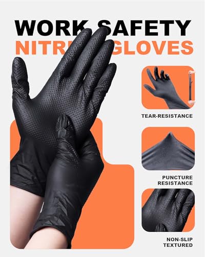 Heavy Duty Nitrile Gloves with Diamond Texture, 8 Mil Industrial Mechanic Gloves for Cleaning - color: Black, size: Medium