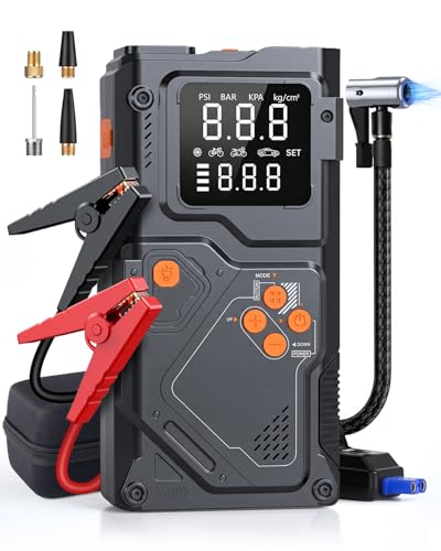 Jump Starter with Air Compressor, 12V Portable Car Battery Jumper Starter with 150PSI Tire Inflator, Emergency Power Bank for 8.5L Gas and 6.5L Diesel Engines