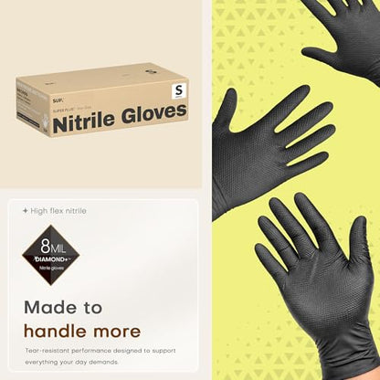 SUPER+ HEAVY DUTY Nitrile Gloves 8 Mil Diamond Texture Disposable Chemical Resistant Powder &Latex Free Food Safe Black 50 Ct - color: Smal (Iron-grey)