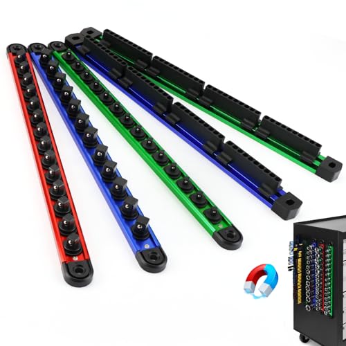 5-Piece Magnetic Socket & Bit Organizer Kit, 1/4" 3/8" 1/2" Heavy Duty Socket Holder Holds 40 Clips, Aluminum Sockets Rail for Tool Box Drawer, 1/4" Slidable Drill Bit Organizer Holds 80 Bits - color: Multi-color