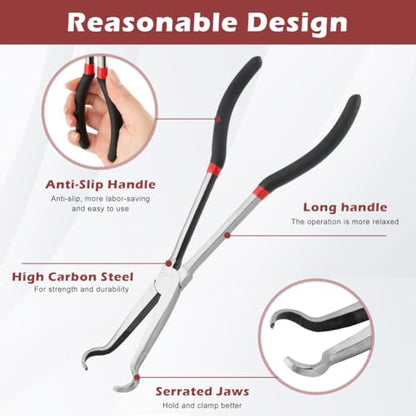 3pcs Long Reach Hose Grip Pliers Set, 11" Long Pliers, 3/8-Inch, 1/2-Inch, 3/4-Inch Dia, Offset Spark Plug Boot Removal Plier Serrated Jaws for Hard to Reach Narrow Space(COLOR:black red)