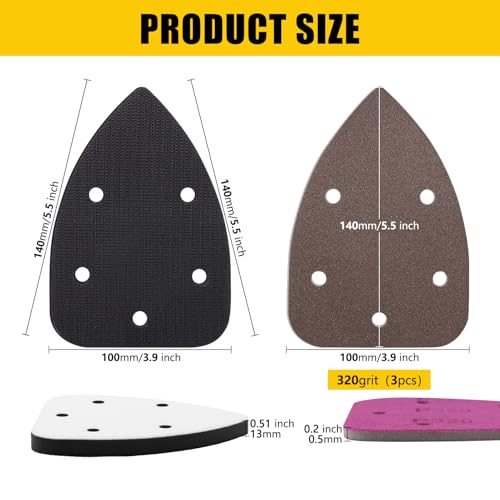 6 Pack 5 Hole Mouse Detail Sanding Interface Pad Hook and Loop, Triangle Sanding Pad, Mouse Sander Sandpaper Backing Pads, Come with 3 Pcs Triangle Sanding Sponge (320 Grits) for Balancing Pressure - size: Mouse 5 Hole - 6 Pack