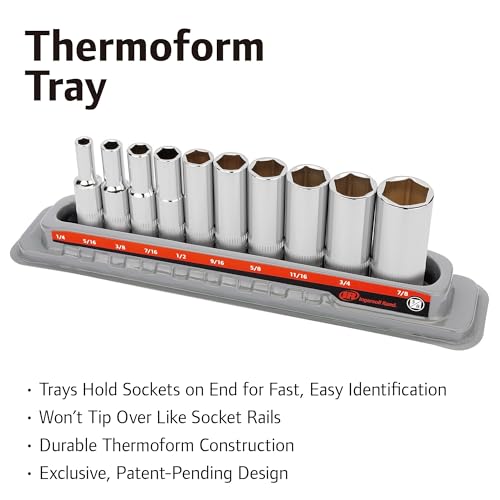 Ingersoll Rand 10 Pc. 3/8" Drive Deep Socket Set, SAE 6-Point, Chrome Vanadium Steel, 1/4"–7/8" with Storage Tray – 752050X - size: 3/8 in. Drive Deep Socket Set, style: SAE