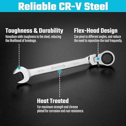 DURATECH 5/16" Flex-Head Ratcheting Combination Wrench | SAE, 72-Tooth, CR-V Steel - style: 5/16"