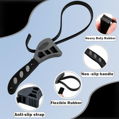2-Pack Adjustable Rubber Strap Wrench Set – Heavy-Duty Oil Filter Wrench, 6 inch & 8 inch Diameter, Non-Slip Belt Wrench for Jar Opener, Water Filter, Plumbing, Sink, Faucet Repair Tool (Gray)